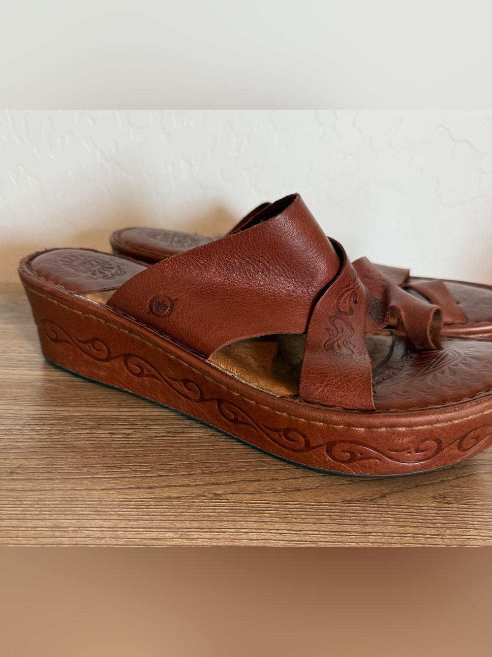 Born Sandals Womens 9 Platform Boho Slip On Mule  Brown Brown Leather Wedges